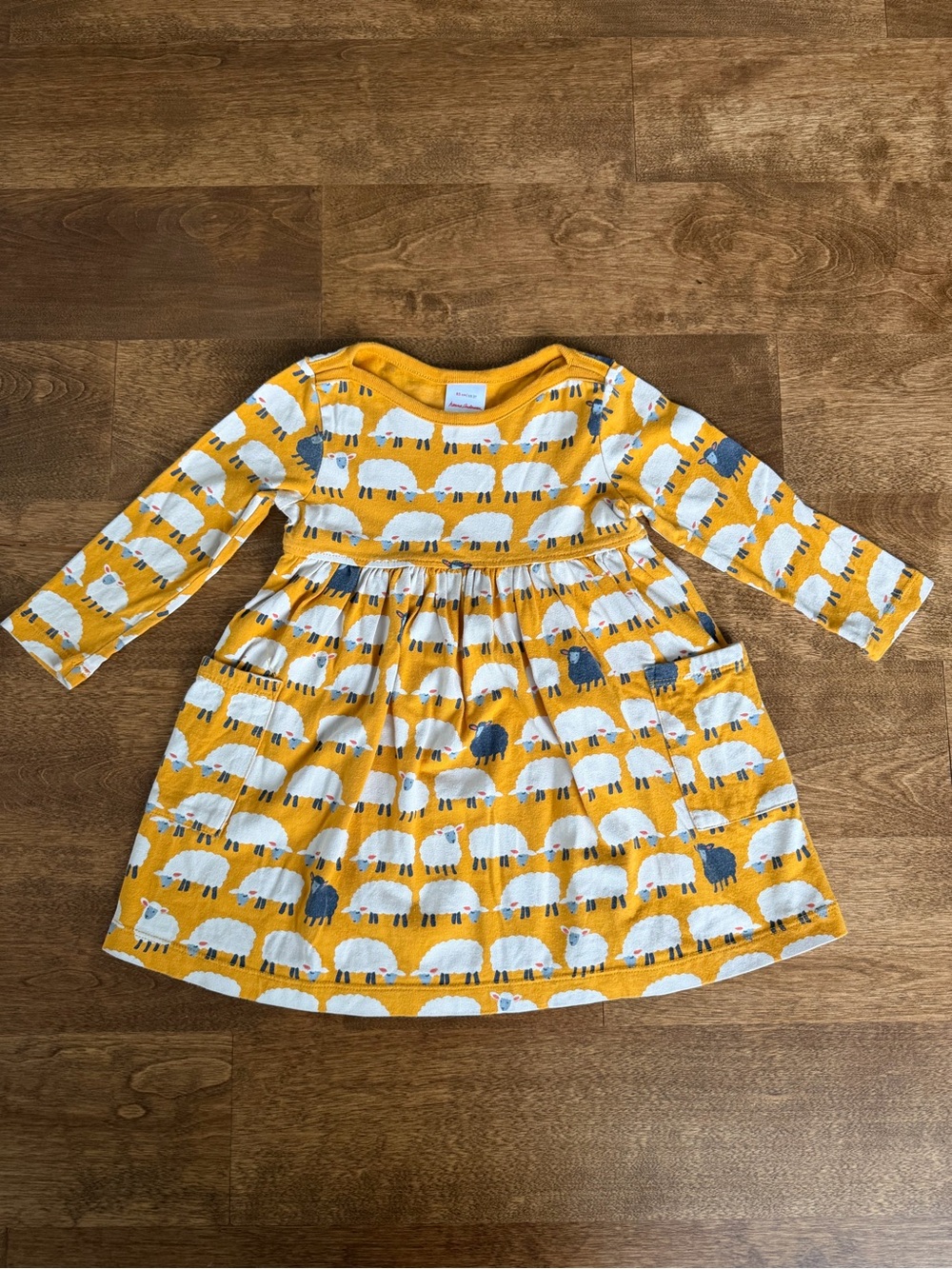 Hanna Andersson Sheep Print Dress Size 2T Mustard Yellow